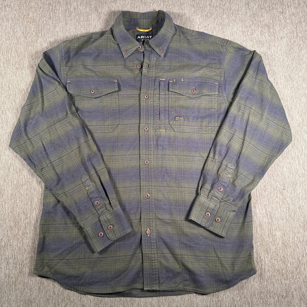 Ariat Rebar Mens Medium Green Navy Plaid Long Sleeve Button Down Work Shirt
